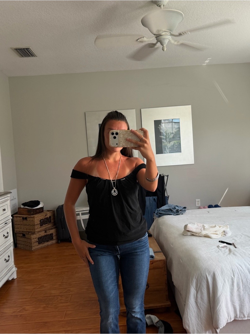 White House Black Market Black Off-Shoulder Stretch Top